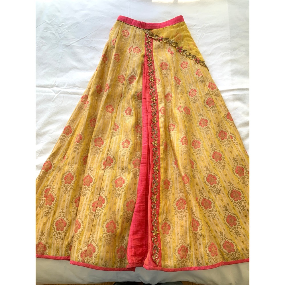 DEBYANI Luxury Indian Lehenga Skirt Mustard Yellow Chanderi Silk Size 32 S M - Picture 9 of 16